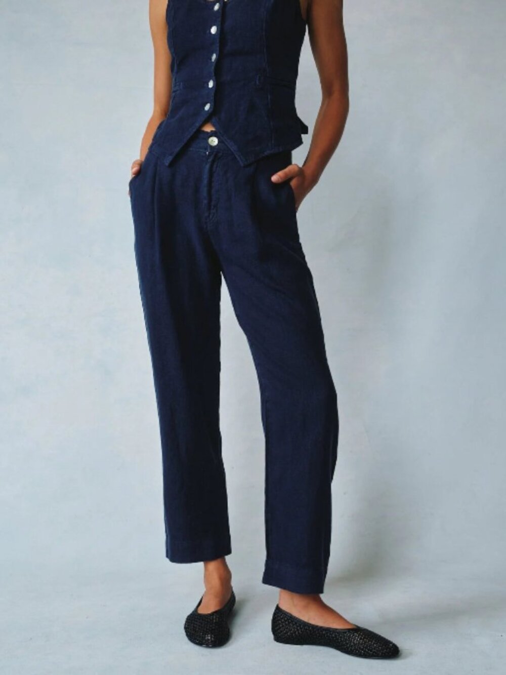 Bella Dahl Italian Navy Luxe Linen Pleated Wide Leg Ankle Pant
